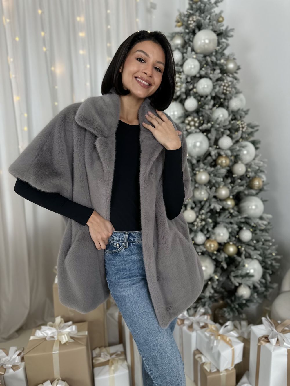 Кейп Graphite из искусственного эко меха от ANSE, Графит цвет, размер S, M, L, , .