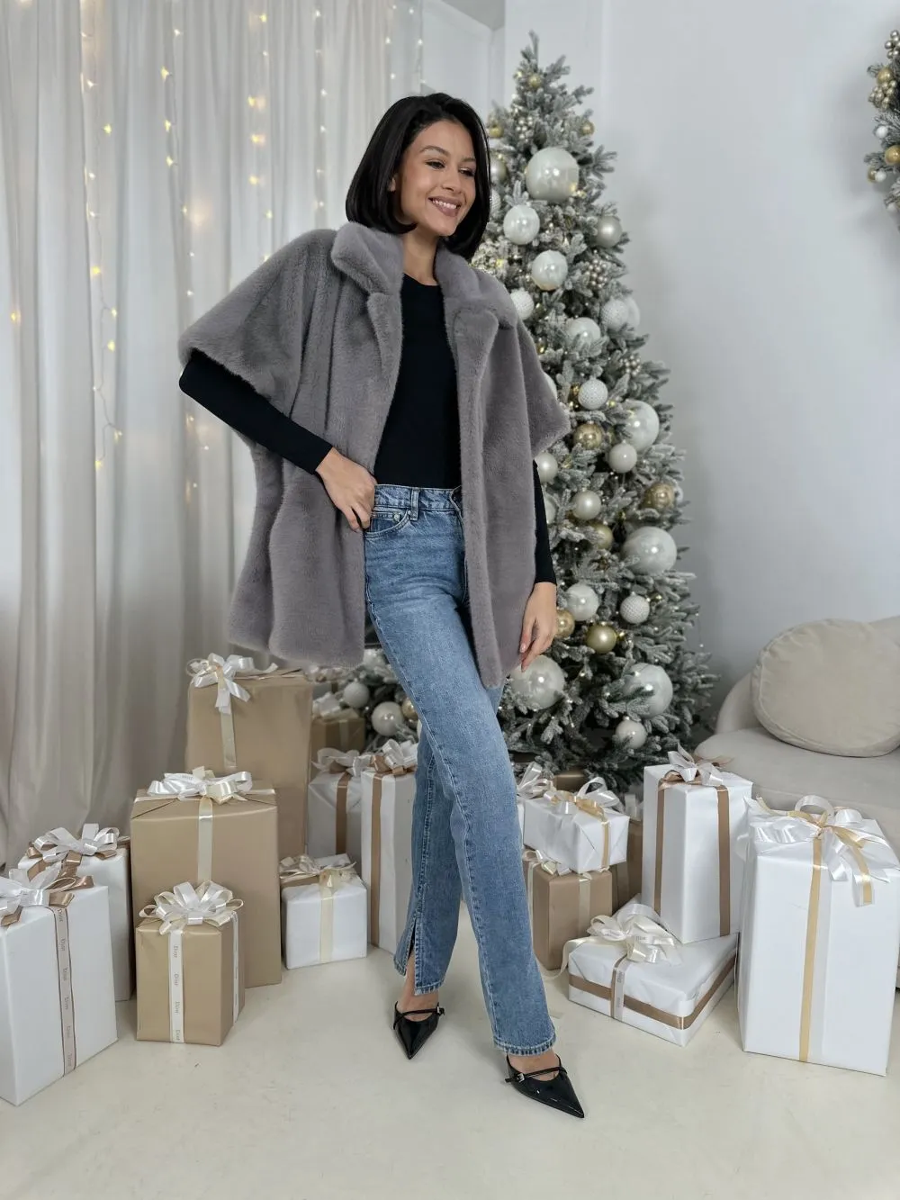 Кейп Graphite из искусственного эко меха от ANSE, Графит цвет, размер S, M, L, , .