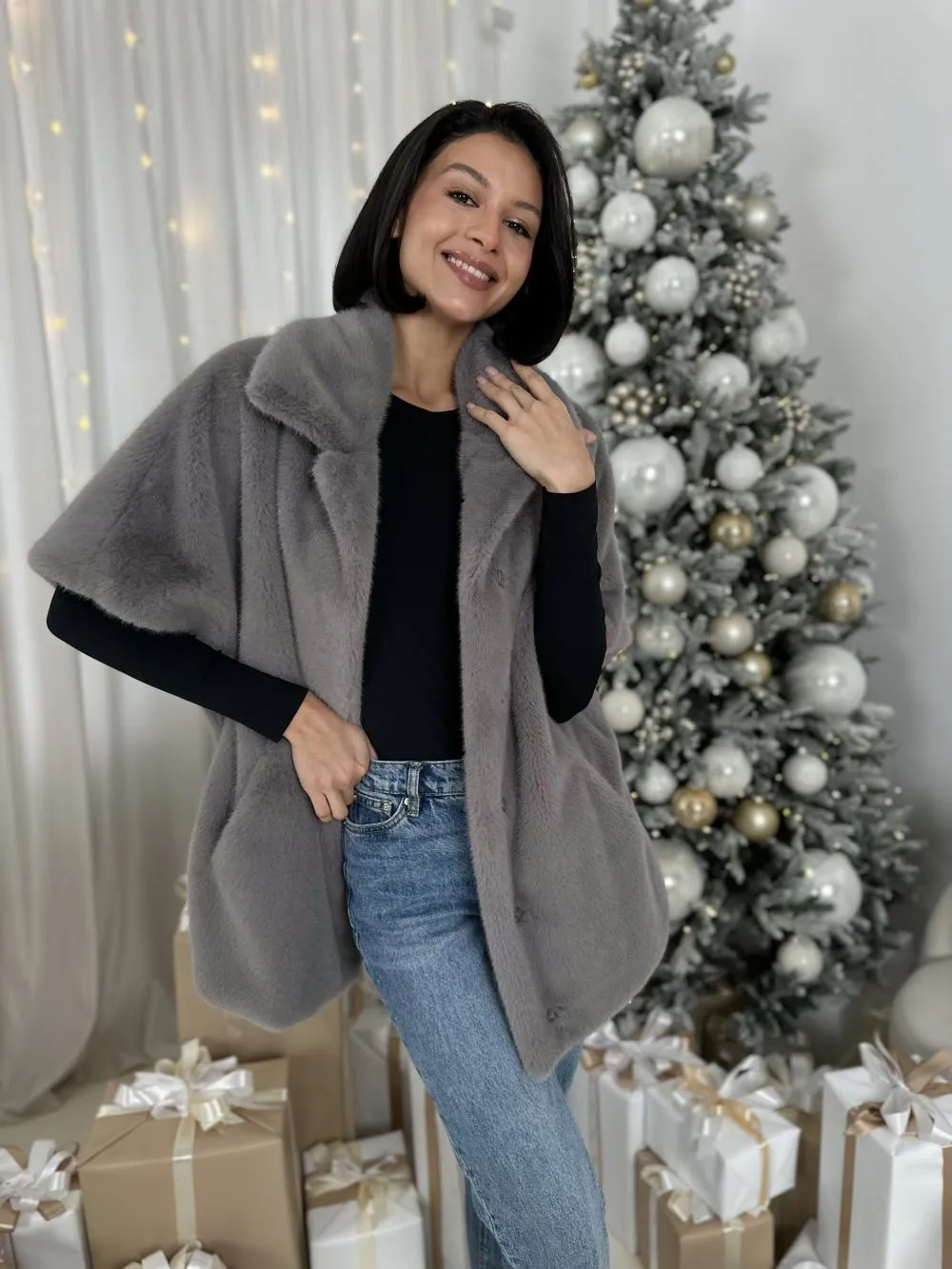 Кейп Graphite из искусственного эко меха от ANSE, Графит цвет, размер S, M, L, , .