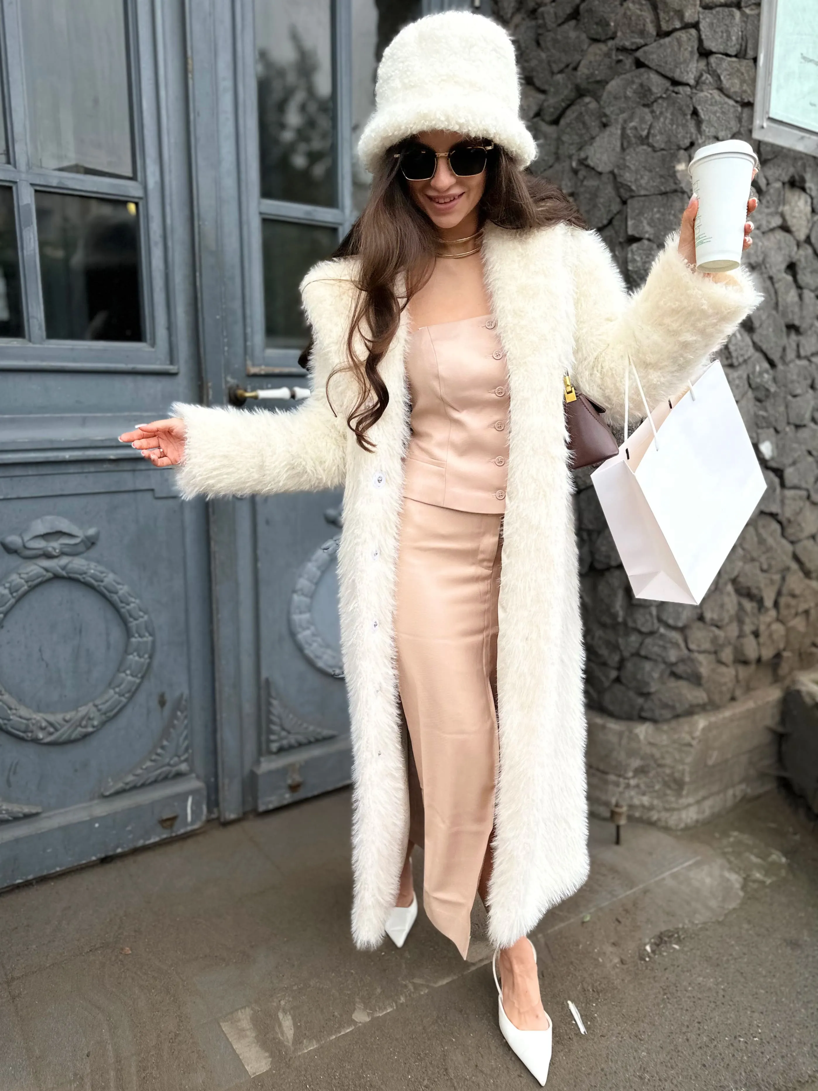 Шуба Сливочное мороженое из искусственного эко меха от ANSE, Молочный цвет, размер XS, S, M, L, XL, , .