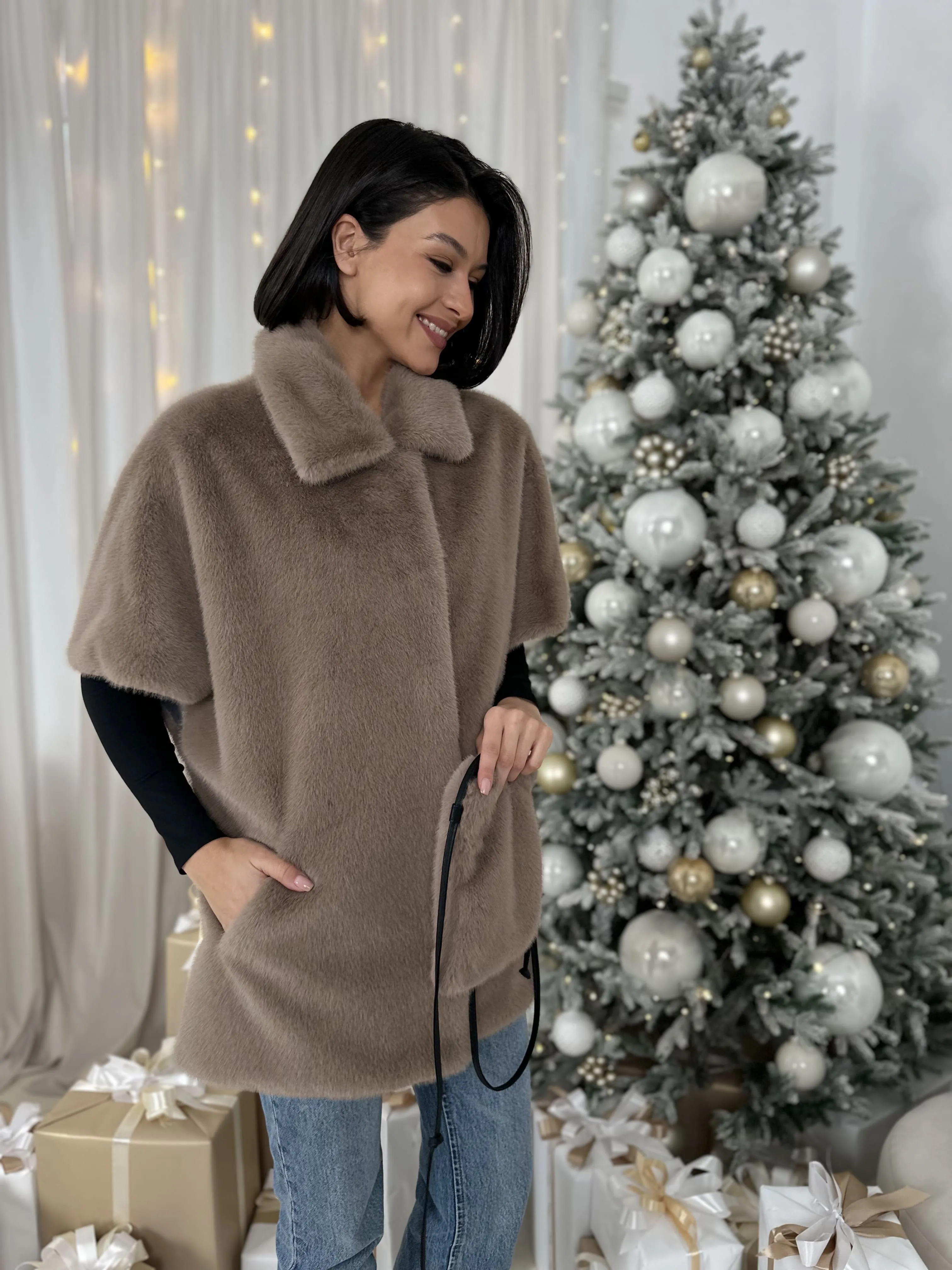 Кейп Mokko из искусственного эко меха от ANSE, Мокко цвет, размер S, M, L, , .